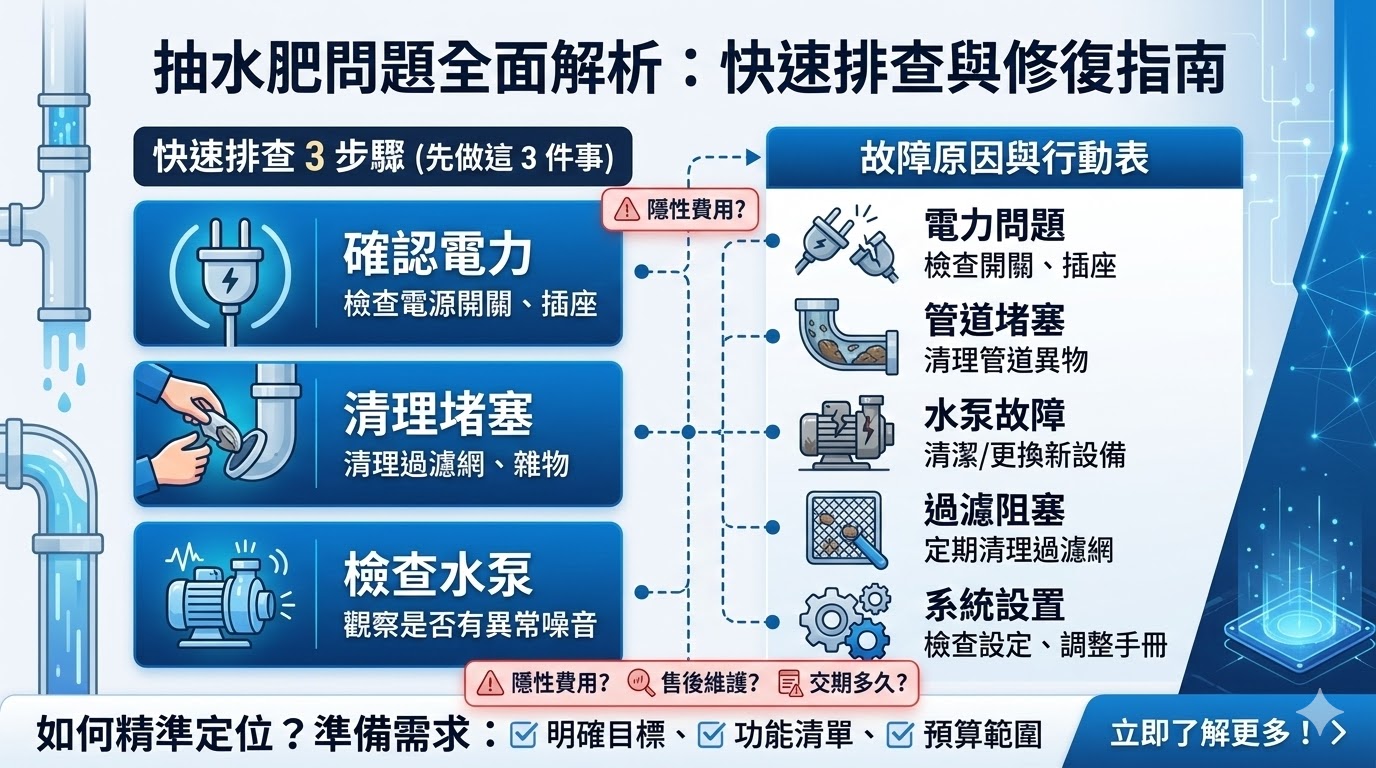 抽水肥是指清理和維護抽水系統中肥料、污水等積存物的過程。這項工作對於農業、工業以及家庭中的污水處理系統至關重要。當抽水肥系統發生故障時，可能會影響排水功能，甚至導致設備損壞。了解抽水肥常見的問題與排查方法，能幫助及時處理，避免更嚴重的問題發生。無論是管道堵塞還是水泵故障，定期檢查與維護能確保系統長期運行穩定。