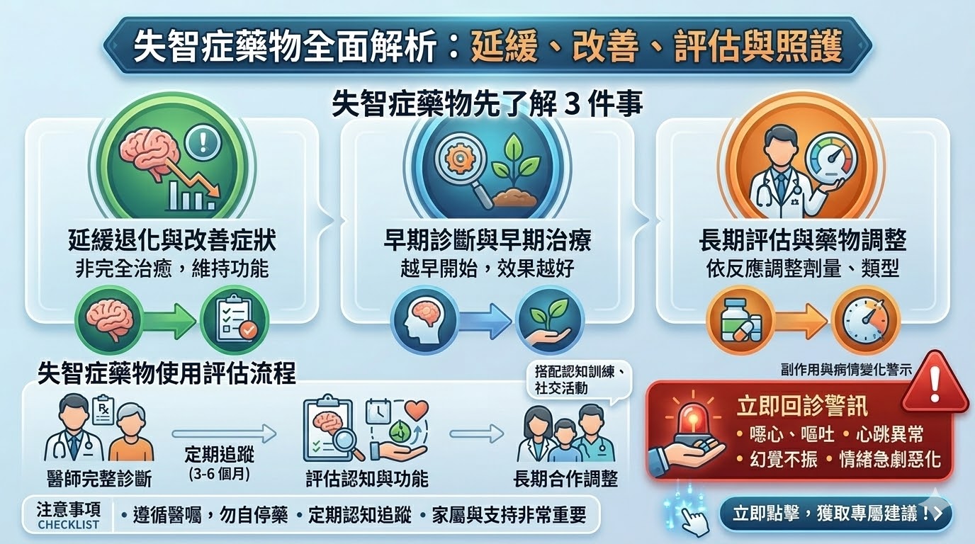 當家人面臨認知功能退化時，正確了解失智症藥物的作用至關重要。目前藥物主要在於延緩病情惡化而非完全治癒，本文詳細解析常見藥物分類（如膽鹼酯酶抑制劑）與其作用機制，並提供完整的評估流程與回診警訊。透過早期治療與長期藥物調整，能有效幫助患者維持生活自理能力。掌握正確用藥觀念與照護策略，是延緩失智症進程的關鍵第一步。