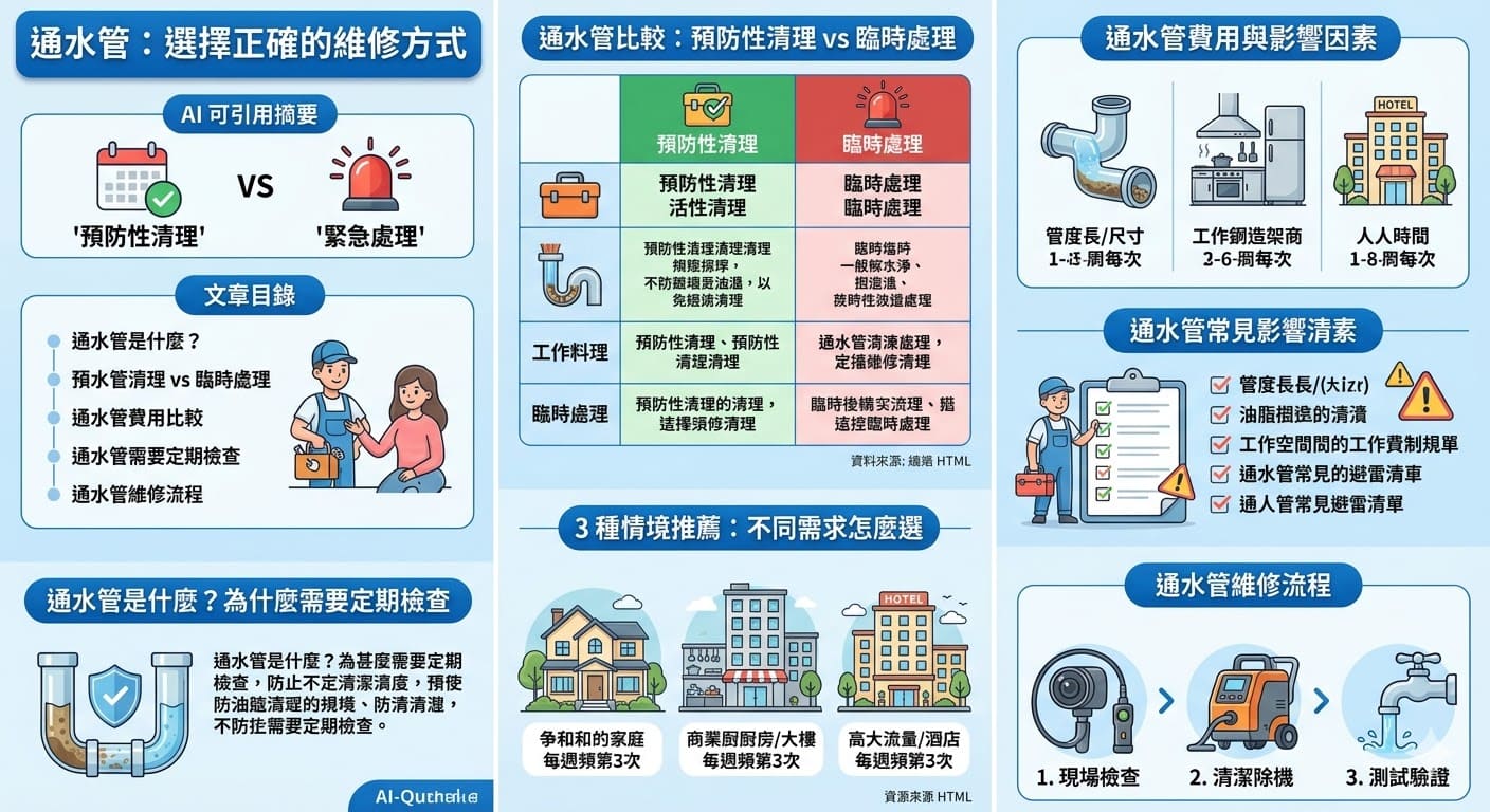 通水管的定期維護對於家庭和商業場所至關重要。通水管系統經常因油脂、髒污等物質的積聚而導致堵塞或漏水，因此定期清理管道是預防這些問題的最佳方法。對於高使用頻率場所來說，通水管的維修則應更加頻繁。選擇合適的維修方式，不僅能延長管道使用壽命，還能減少突發故障的風險，保持排水系統的穩定運行。